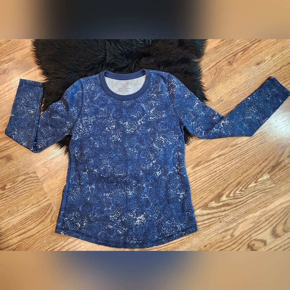 Long Sleeve Paisley Print Ribbed Crew Neck Tee Size PXS